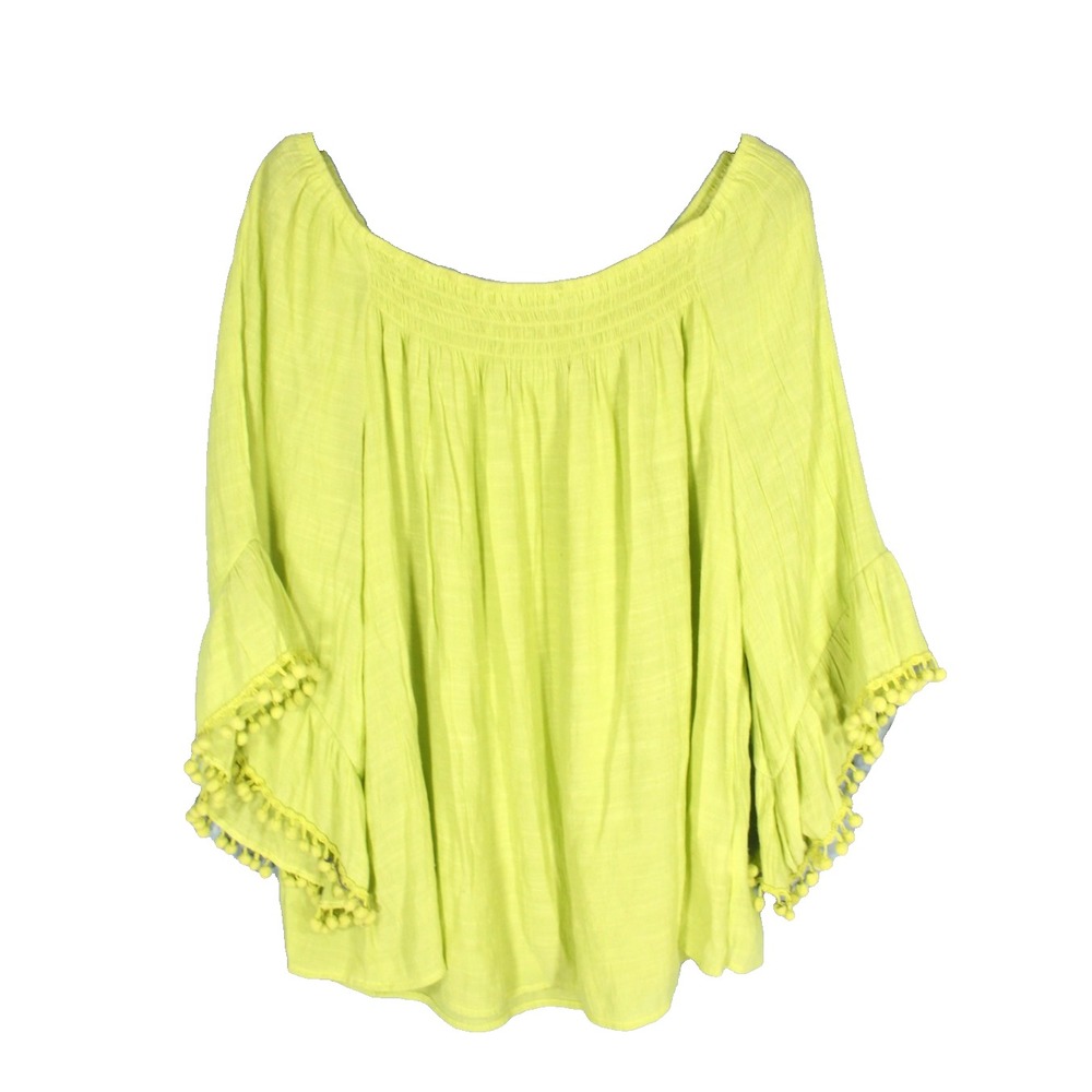 CATO PEASANT TOP Lime Green SMOCKED NECKLINE Pom-Pom Bell Sleeve BLOUSE 22/24W